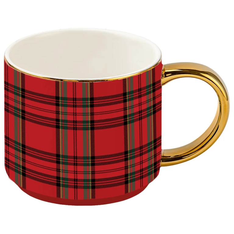 Red Plaid 14 oz Gold Handle Coffee Mug