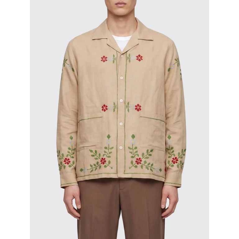 Floral Print Long-Sleeved Shirt in Cotton Blend with Cuban Collar (SR02097BEIGE)