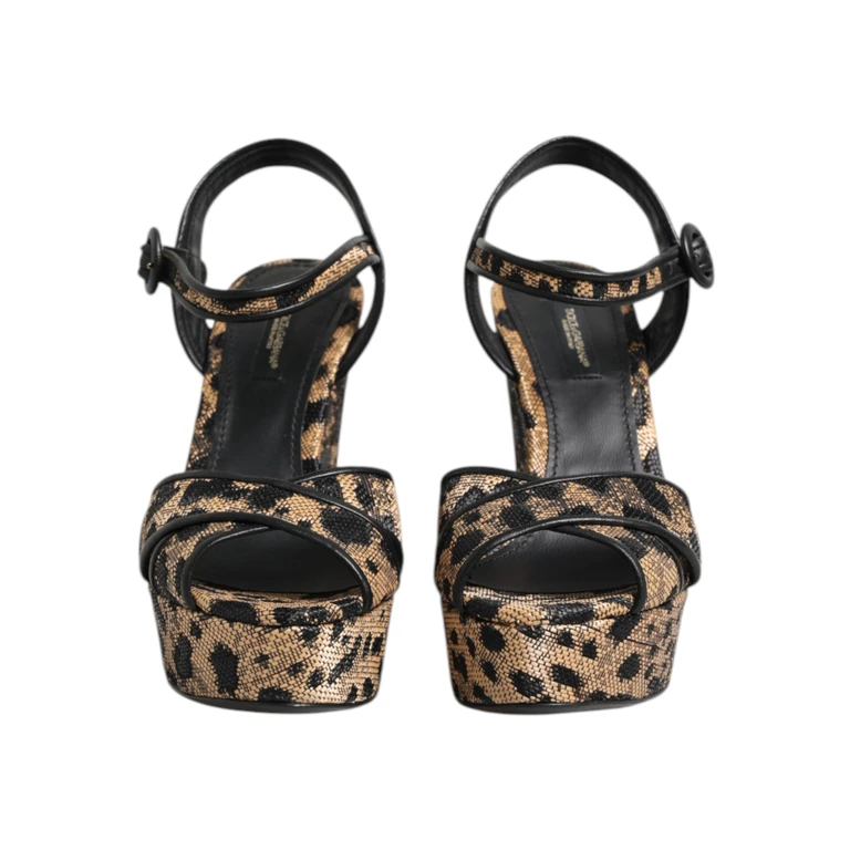 Dolce & Gabbana Brown Leopard Wedges Ankle Strap Sandals Shoes Black And - Women