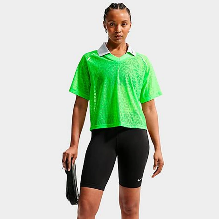 Nike Women's Sportswear Loose Lace Polo Jersey Top in Green Strike/Pure Platinum/Black Size: XS