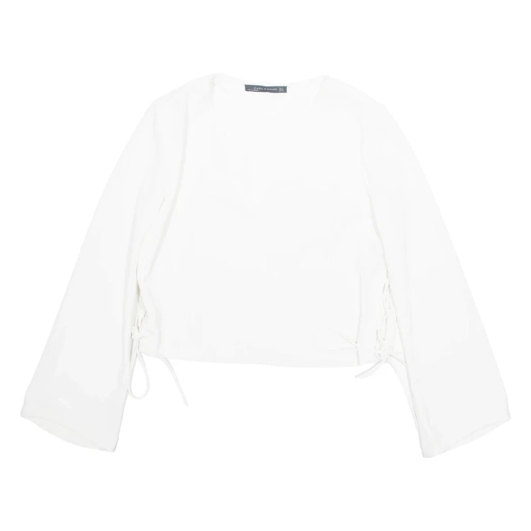 ZARA Womens Cropped Blouse White V-Neck Long Sleeve M