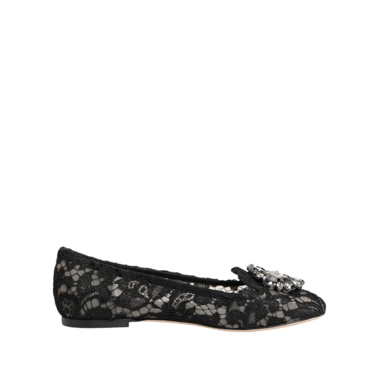 Dolce & Gabbana Black Taormina Lace Crystals Flats Shoes Viscose Cotton Nylon - Women