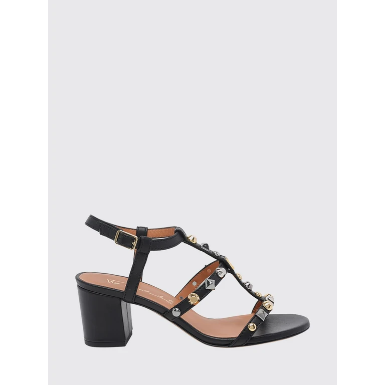 Studded Leather T-Strap Sandals with Mid-Block Heel (4637NERO)