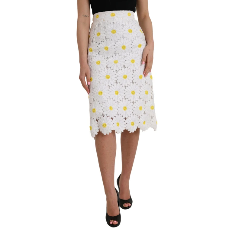 Dolce & Gabbana White Floral Pencil Straight Lace Skirt Cotton Polyester Nylon - Women