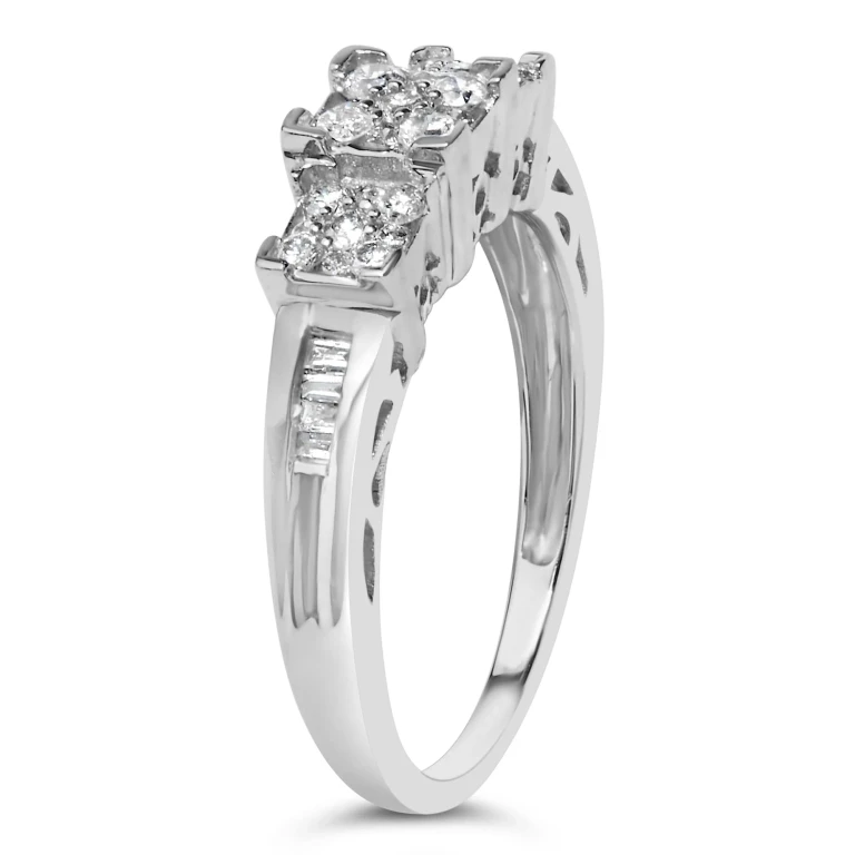 10K White Gold 1/2 Cttw Brilliant & Baguette Cut Diamond 3 Stone Design with 3 Square Clusters Engagement Ring (H-I Color, SI2-I1 Clarity)
