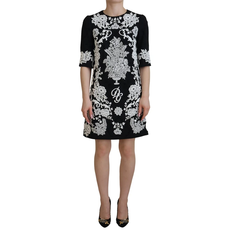 Black Lace Trim Half Sleeves A-Line Dress - Women