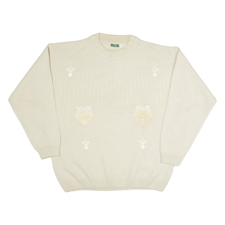 SUNDAYS Mens Patterned Jumper Cream Argyle Tight Knit Wool XL