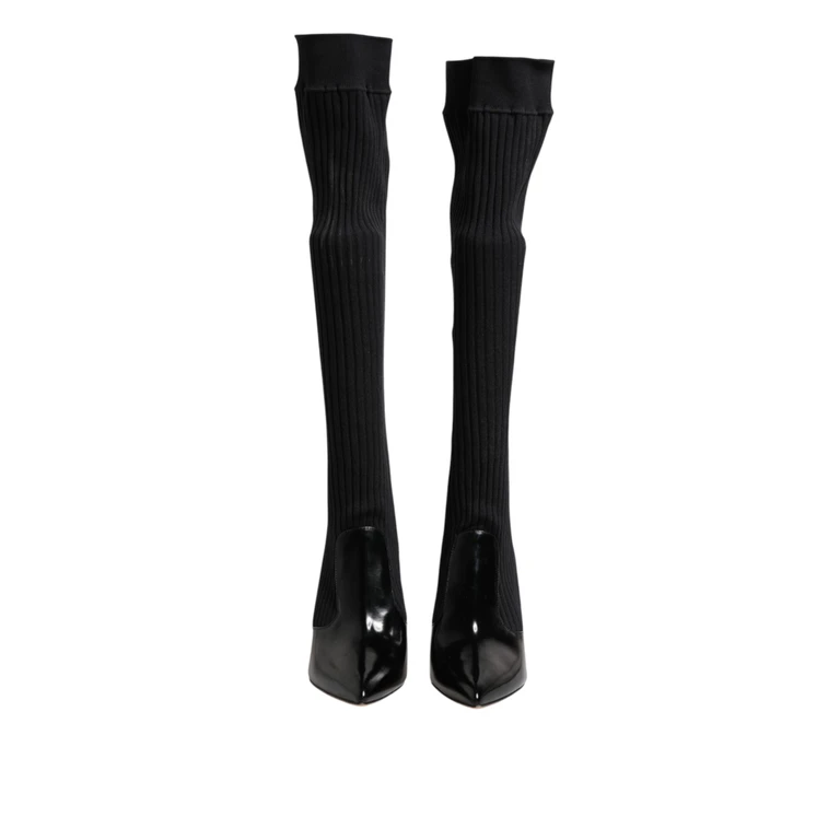 Dolce & Gabbana Black Leather Ribbed Knit Knee Boots Shoes Fabric - Women