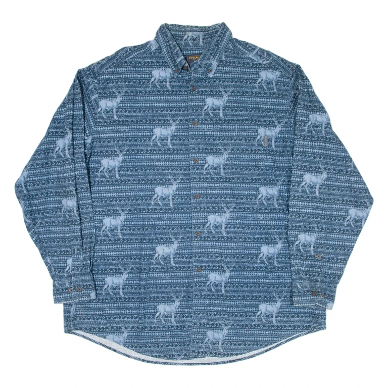 WOOLRICH Deer Mens Flannel Shirt Blue Crazy Pattern Long Sleeve 2XL