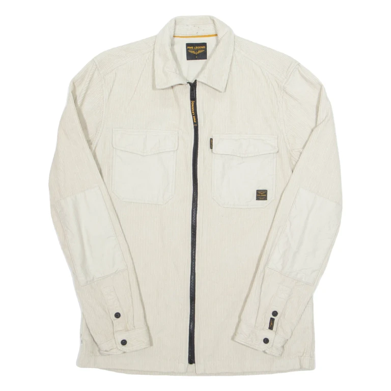PME LEGEND Zip Up Mens Plain Shirt Cream Long Sleeve M