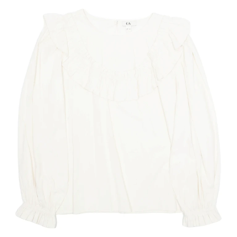 Womens Ruffle Blouse Beige Long Sleeve S