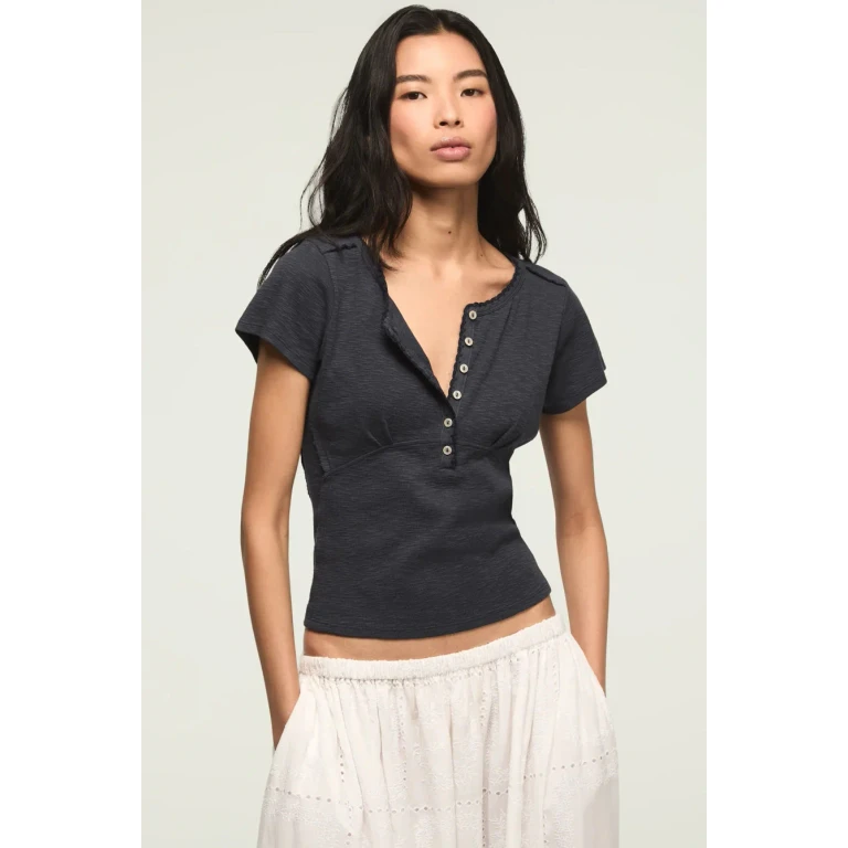 Women's Crochet Trim Short Sleeve Henley - India Ink