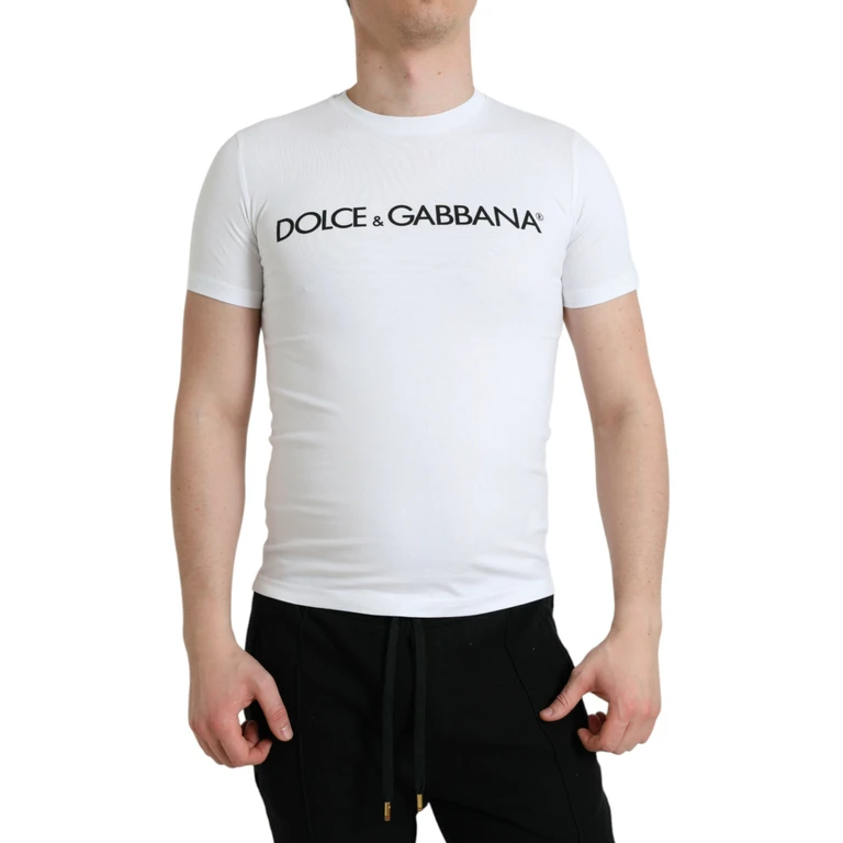 Dolce & Gabbana White Logo Print Cotton Crew Neck T-Shirt - Men