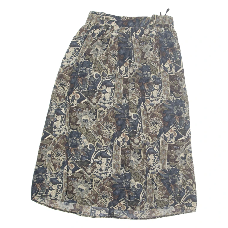 Womens Pleated Skirt Beige Long Viscose Floral UK 12