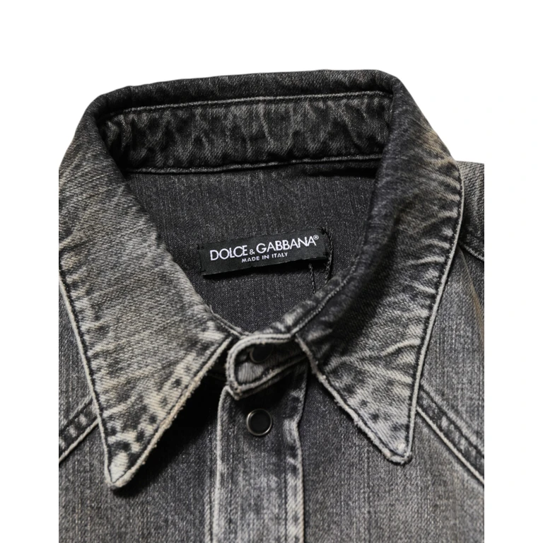 Black Washed Cotton Snap Long Sleeve Casual Shirt Elastane - Men