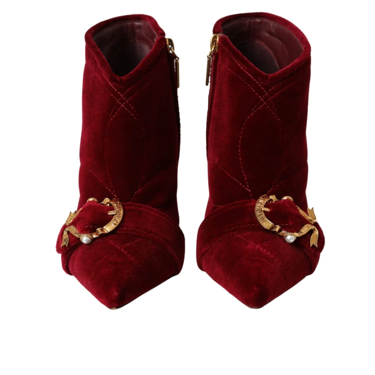 Dark Red Velvet Devotion Buckle Boots Shoes Cotton Elastane - Women