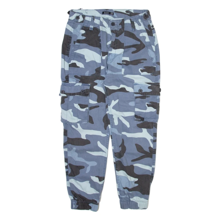 BERSHKA Camo Cargo Mens Trousers Blue Regular Tapered W28 L24