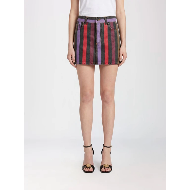 Multicolor Striped Cotton Denim Pencil Mini Skirt (10256701A183861D070)