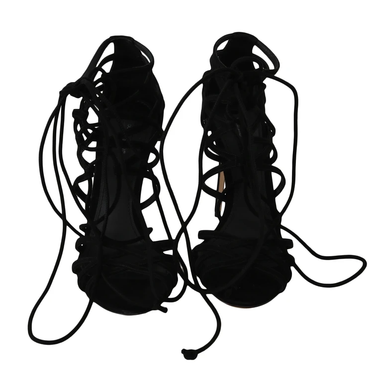 Black Suede Strap Stilettos Sandals Capra Goatskin - Women