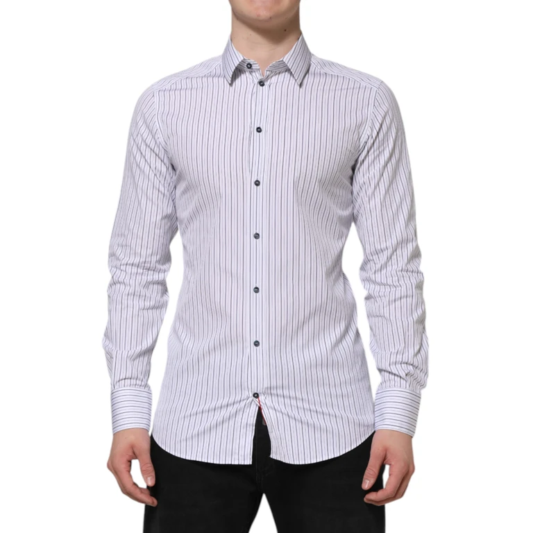 Dolce & Gabbana White Blue Striped Cotton Gold Formal Shirt And - Men