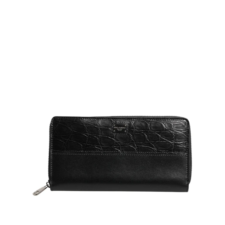 Dolce & Gabbana Black Leather Logo Plaque Zip Around Continental Wallet Calf Caiman - Men