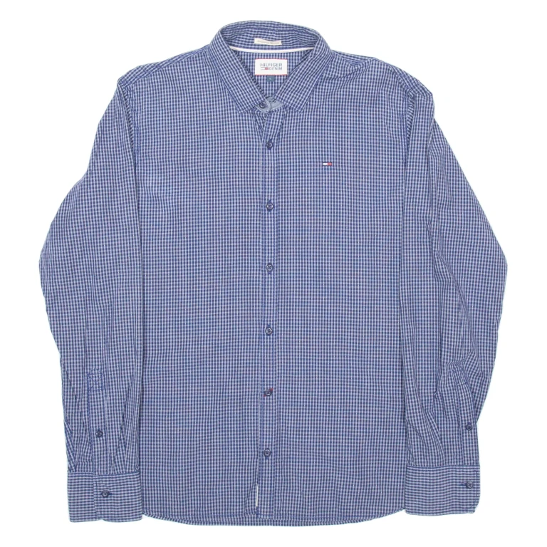 TOMMY HILFIGER Mens Shirt Blue Plaid Long Sleeve L