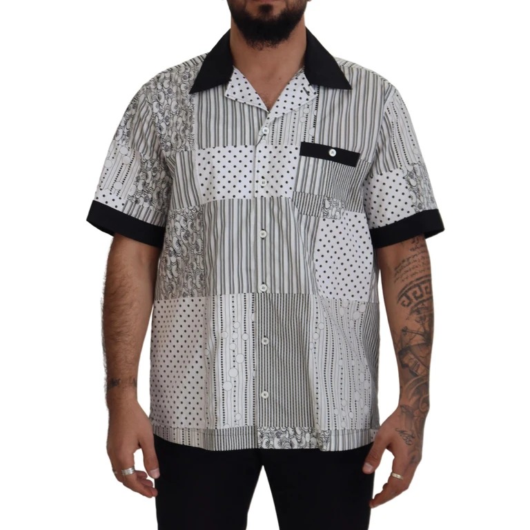 Dolce & Gabbana White Black Patterned Button Down Shirt And Cotton - Men