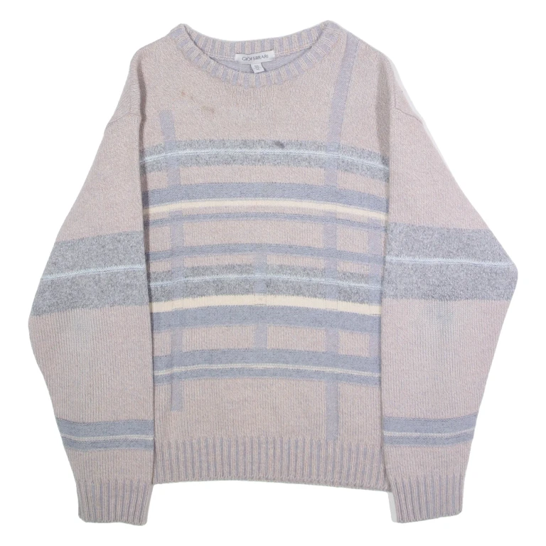 GIOFERRARI Mens Patterned Jumper Beige Striped Crew Neck Tight Knit Wool M