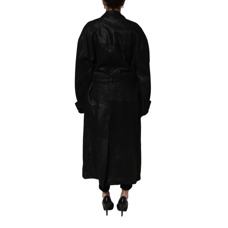 Black Belted Sheepskin Trench Coat Jacket Leather Clothing - Women