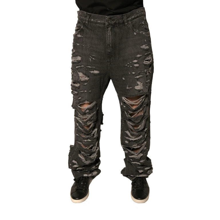 Dolce & Gabbana Gray Tattered Cotton Straight Men Denim Jeans Dark Clothing - Men