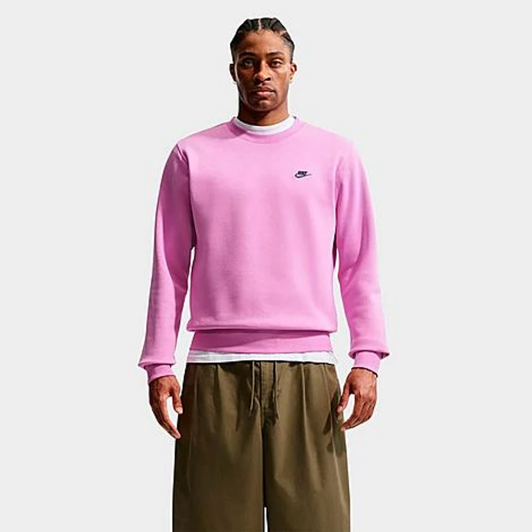 Nike Men's Club Fleece Premium Crewneck Sweatshirt in Light Magenta/Midnight Navy Size: XS