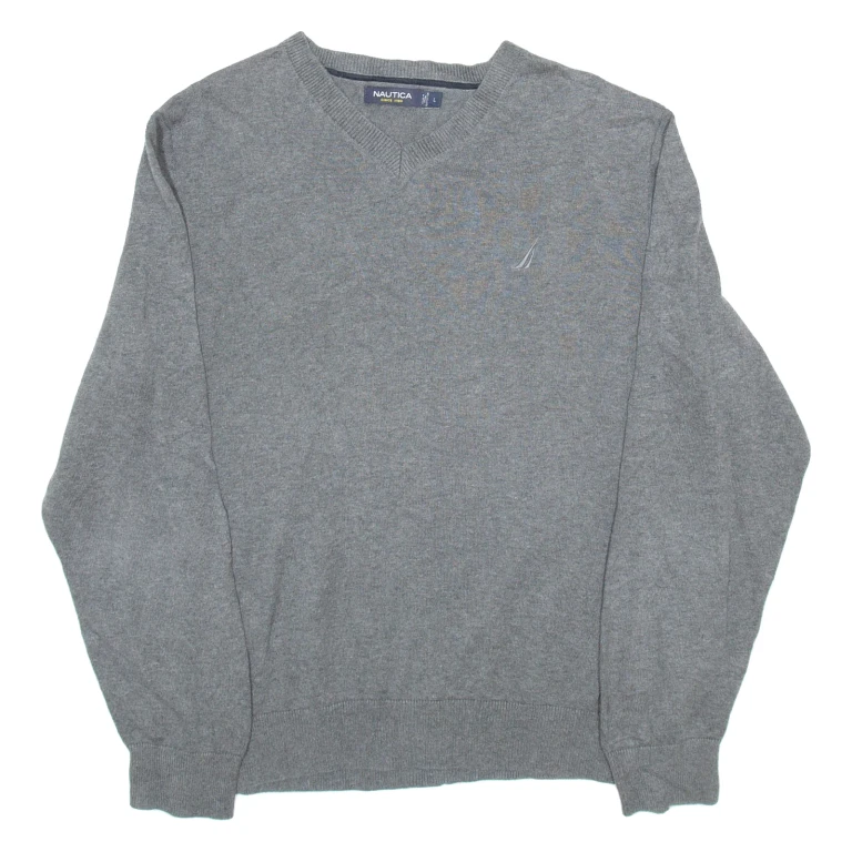 NAUTICA Mens Jumper Grey V-Neck Tight Knit L
