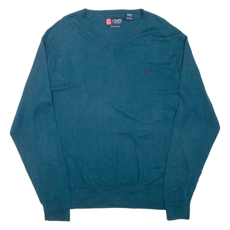 CHAPS Mens Jumper Blue V-Neck Tight Knit XL