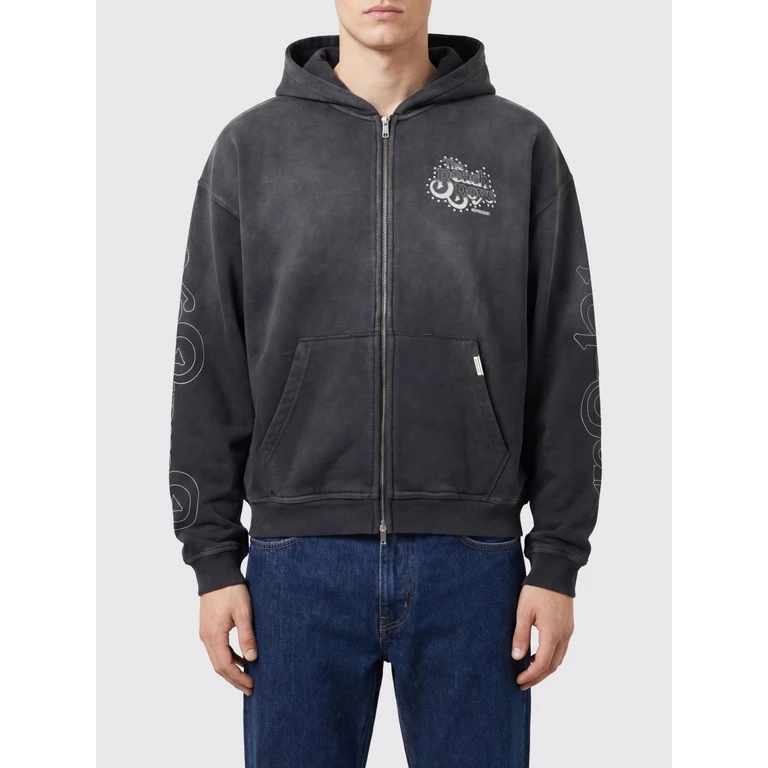 Cotton Zip-Up Hoodie with Graphic Print (MLM101224STAINEDBLA)