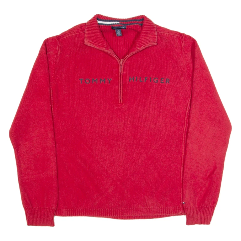 TOMMY HILFIGER Womens Jumper Red 1/4 Zip Tight Knit XL