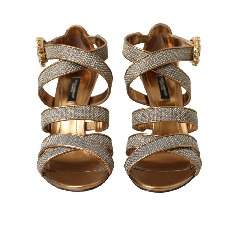 Dolce & Gabbana Bronze Crystal Strap Heels Sandals Shoes Gold Pu Leather Polyester - Women
