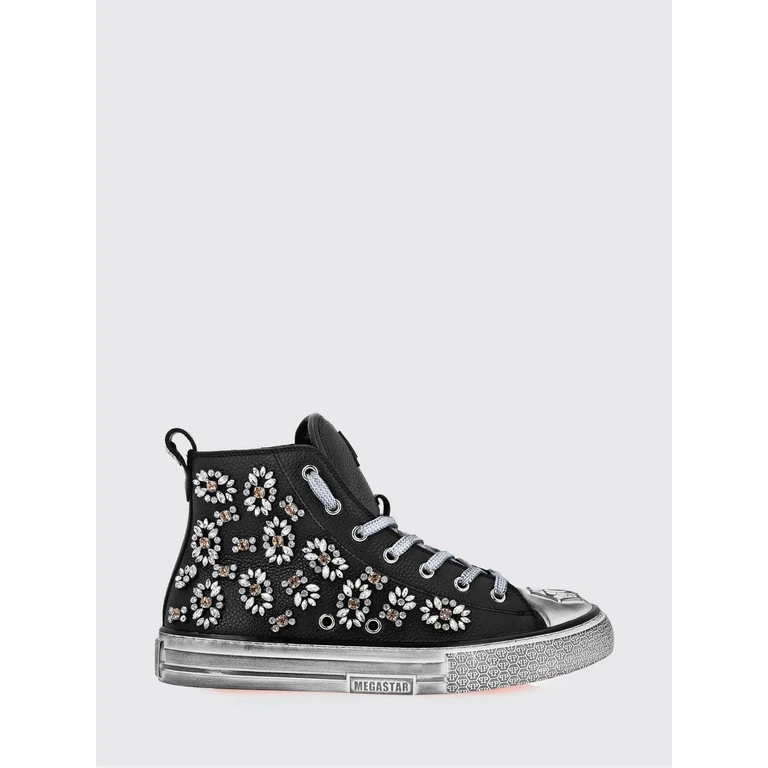 Grained Leather High-Top Sneakers with Rhinestones and Hexagon Logo (FAASWSC2177PLE010N02)