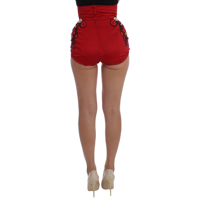 Dolce & Gabbana Red Silk Crystal Roses Shorts Cotton - Women