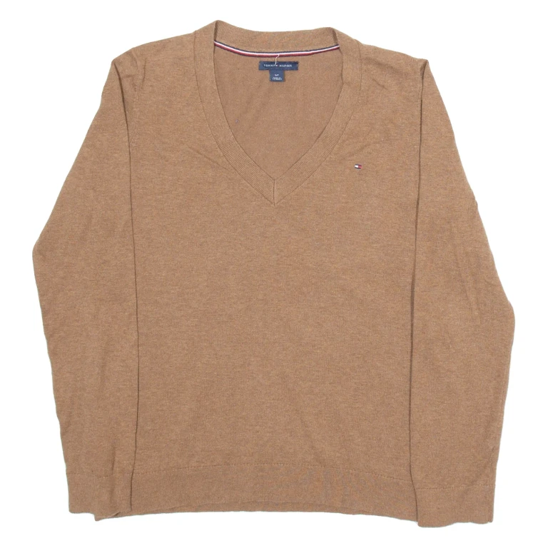 TOMMY HILFIGER Womens Jumper Brown V-Neck Tight Knit S