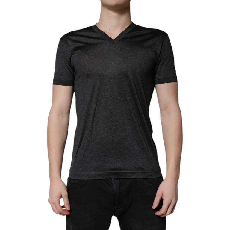 Dolce & Gabbana Dark Gray Silk V-Neck Short Sleeves T-Shirt - Men