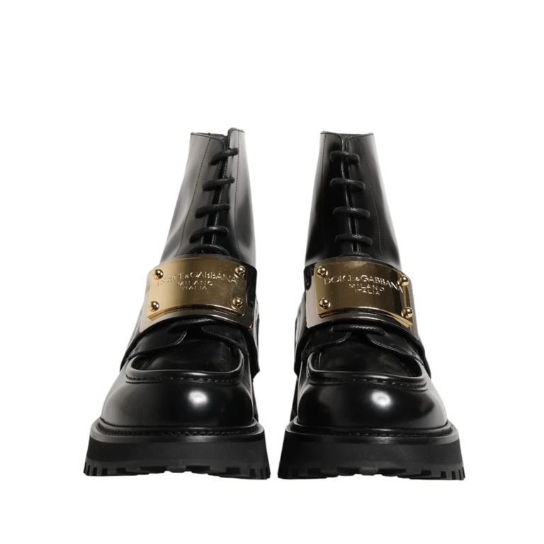 Dolce & Gabbana Black Leather Dg Plaque Lace Up Boots Shoes - Men