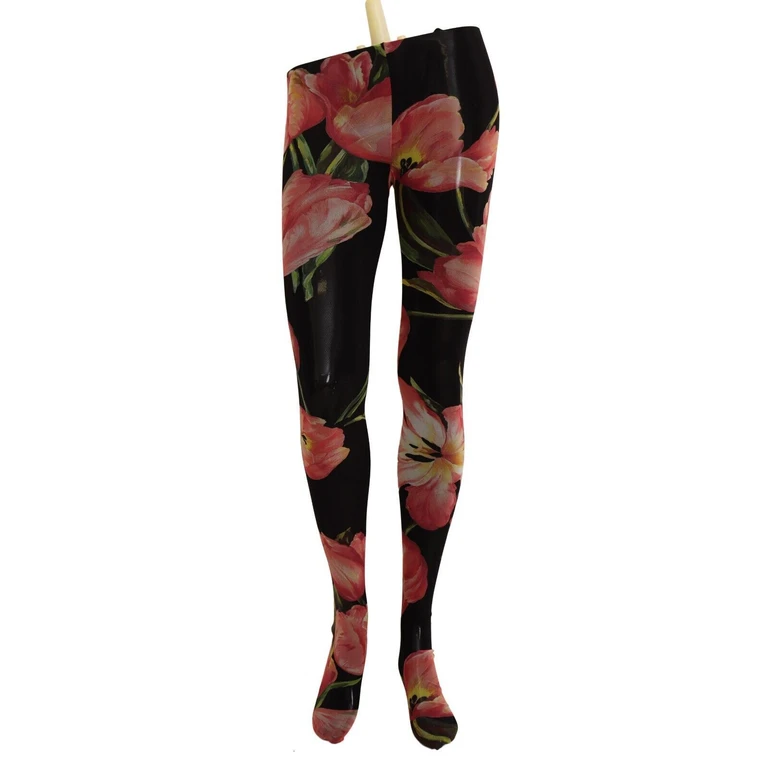 Black Floral Print Nylon Tights Stockings Clothing - Women