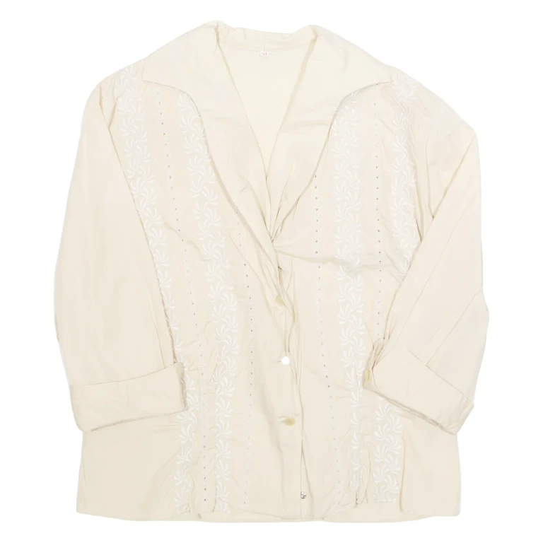 Embroidered Womens Shirt Cream Collared Long Sleeve L