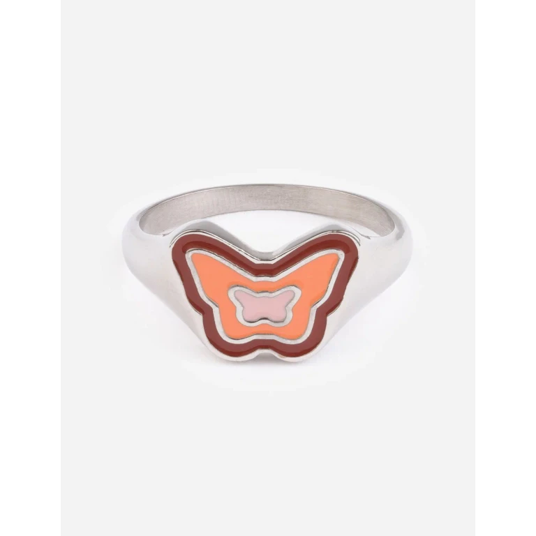 Pink Enamel Silver Butterfly Ring