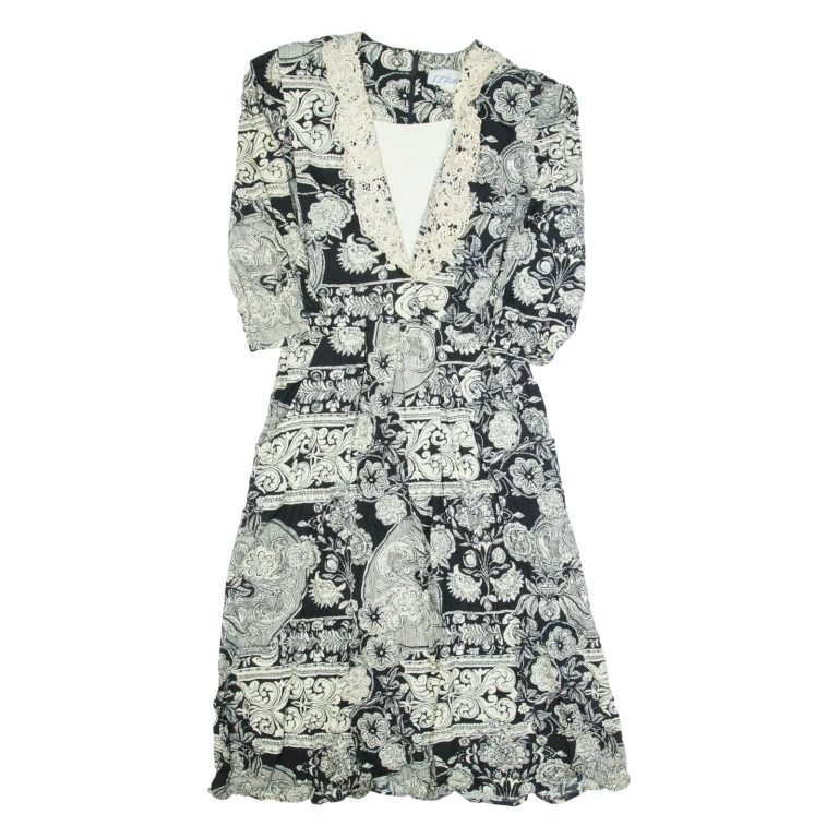 SL PETITES Womens A-Line Dress Black 90s Floral Midi M