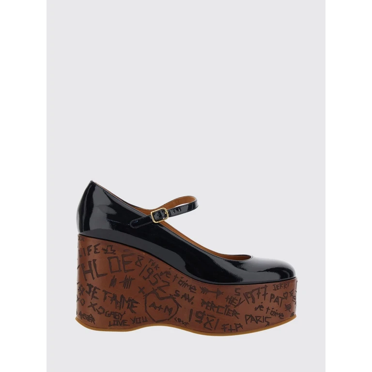 CHLOÉ Patent Leather Mary Jane Shoes with Platform Wedge Heel (CHC25A12KSG001)