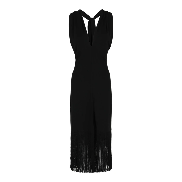 Plunging Sleeveless Fringe-Hem Midi Dress