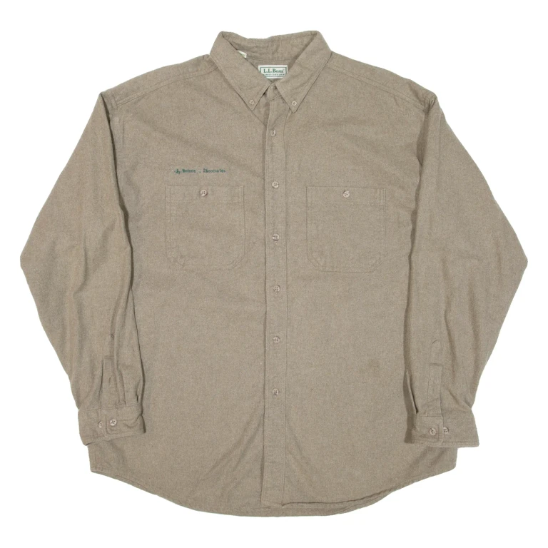LL BEAN Mens Flannel Shirt Beige Long Sleeve XL