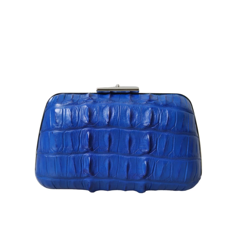 Blue Exotic Skin Leather Shoulder Crossbody Box Clutch Bag Crocodile Lamb - Women