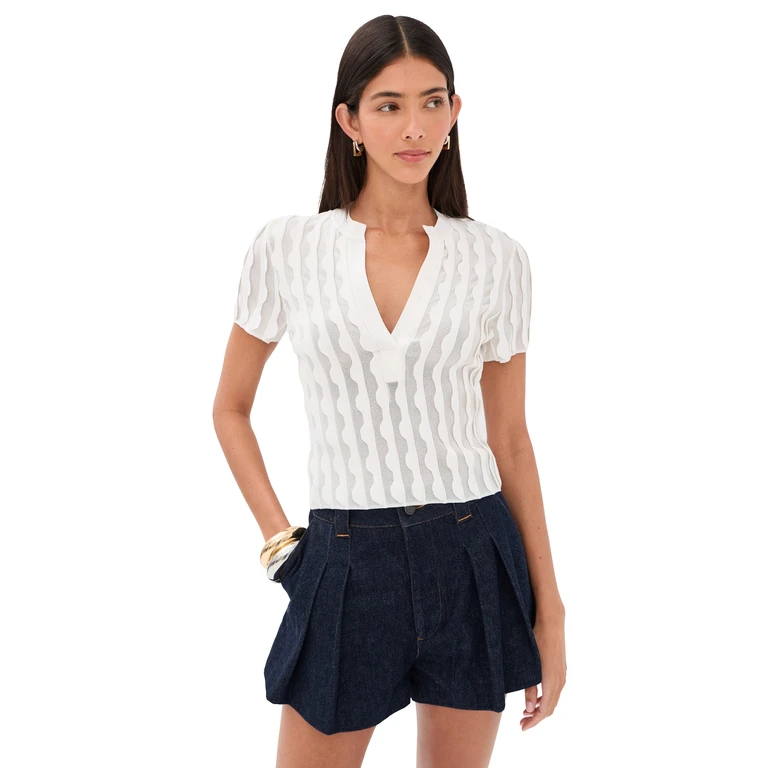 SIMKHAI Mallorie Scalloped Knit Polo Top Ivory XS